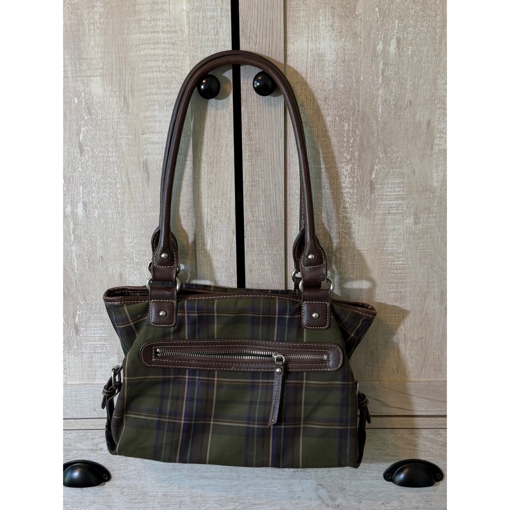 CHAPS Est 1978 Green Plaid Shoulder Bag Purse Brown Trim Y2K Preppy
